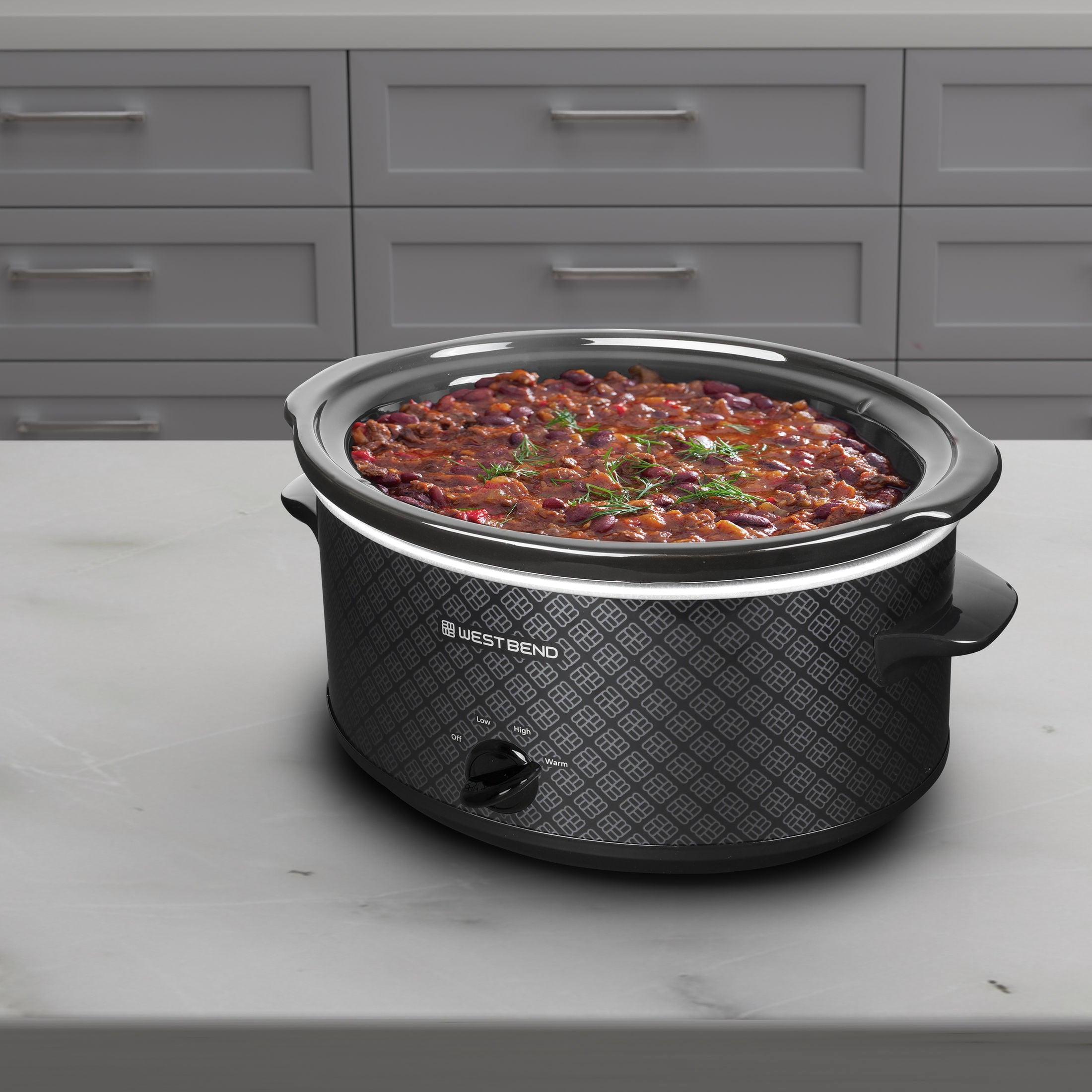 West Bend 6-Quart Pattern Slow Cooker, Manual Controls, Ceramic Crock, Dishwasher-Safe, in Black (SCWB6QPTBK13)