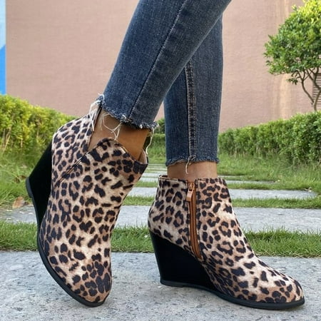 

Gubotare Womens Winter Boots Womens Ankle Boots Slip on Cutout Pointed Toe Snakeskin Stacked Mid Heel Bootie Khaki 7.5