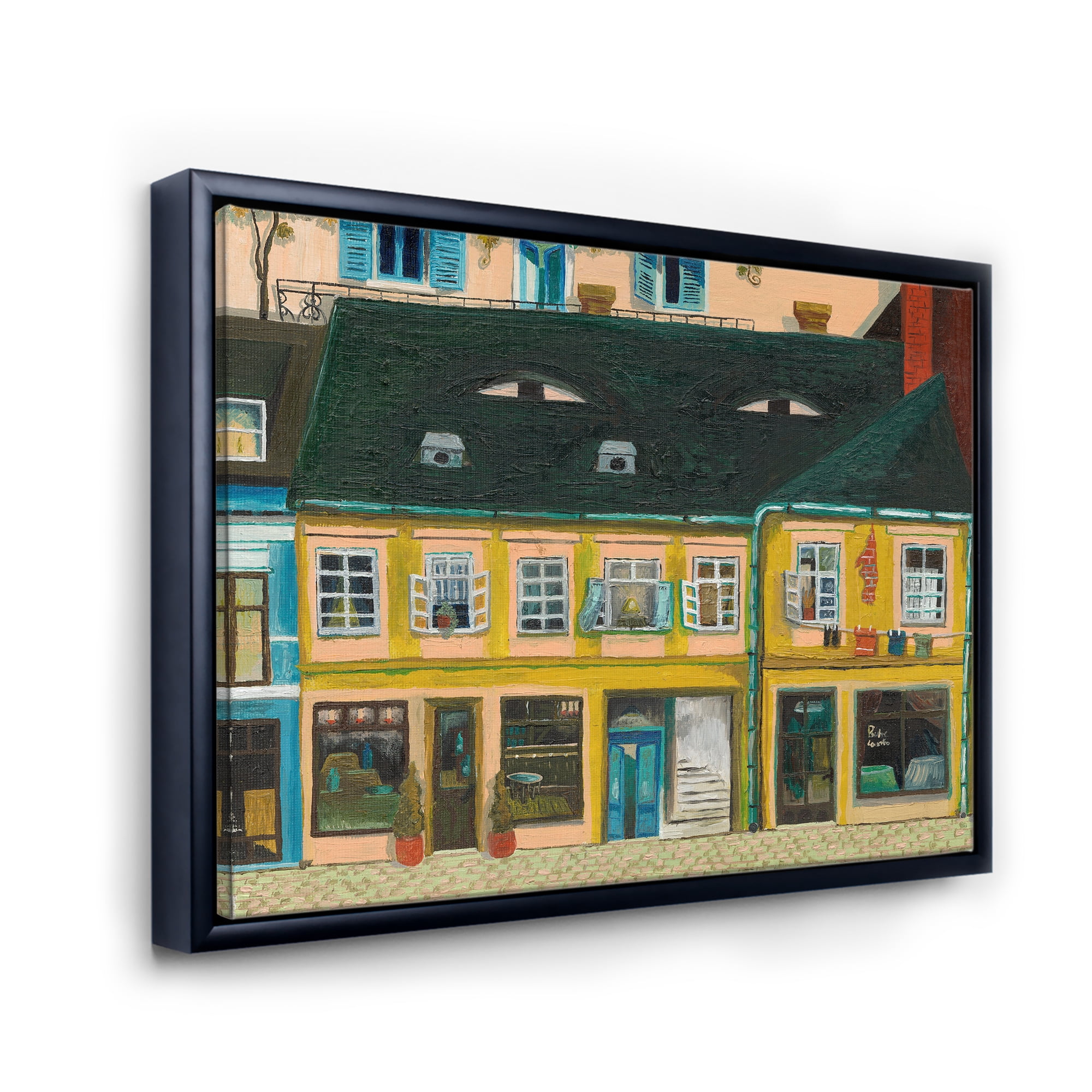 Designart 'Abstract Yellow Facade of Houses In Street In Paris' French Country Framed Canvas Wall Art Print