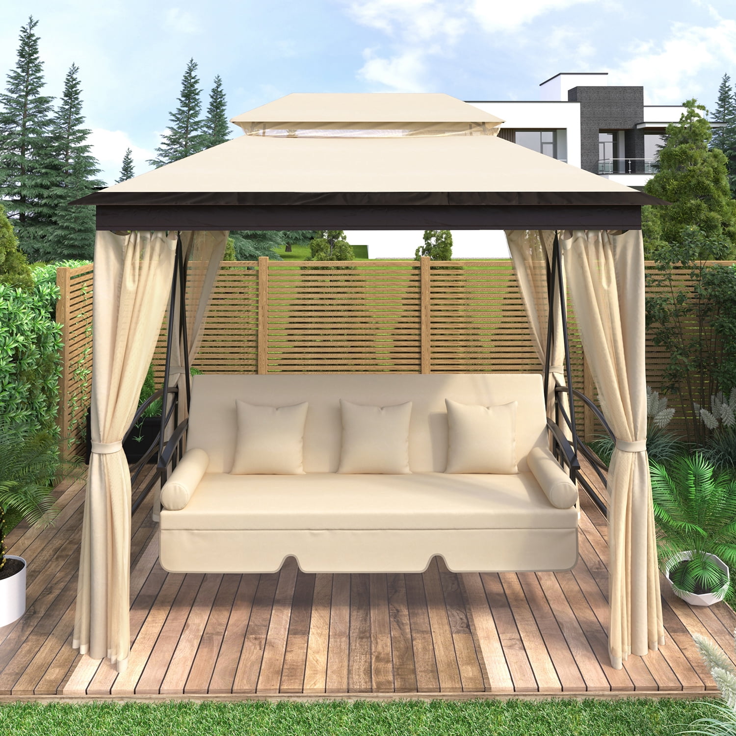 Kadyn 8.9 Ft. W x 5.9 Ft. D Outdoor Canopy Gazebo, Patio Gazebo with Convertible Swing Bench and Mosquito Netting Suitable for Lawn, Garden, Beige