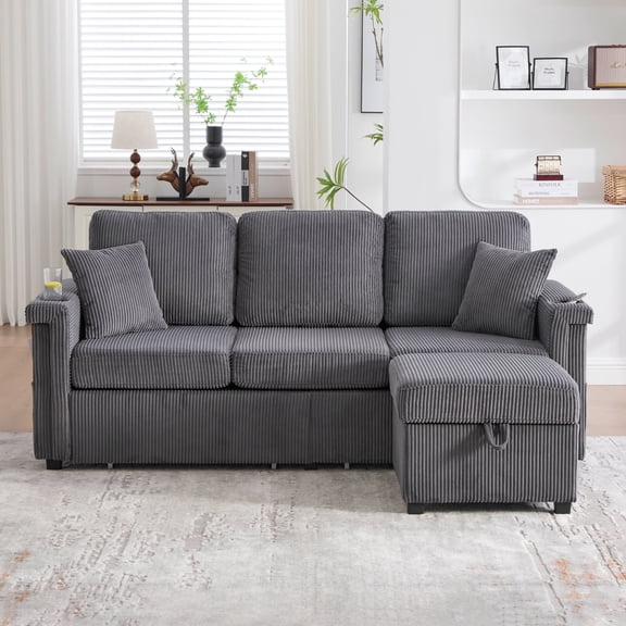 Homefun L-Shaped Sectional Sofa with Pull-Out Storage USB，Ottoman Convertible for Living Room, Apartment Corduroy Fabric,Gray