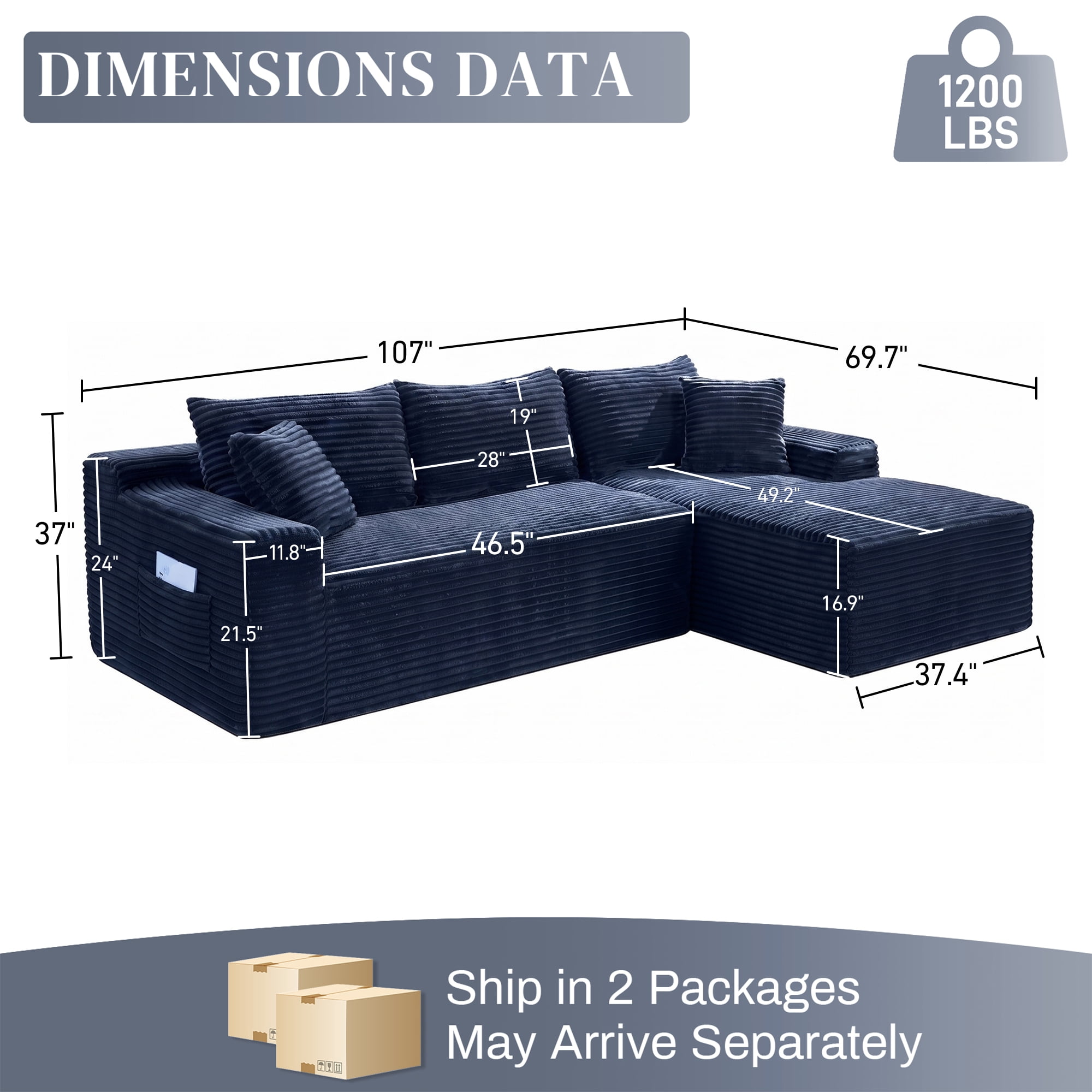 Aukfa 107" Cloud Modular Sectional Couch with Right-Facing Chaise, Corduroy Deep Seat Boneless Sofa for Living Room, Apartment, Blue