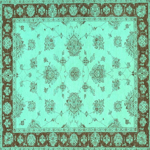Ahgly Company Machine Washable Indoor Square Oriental Turquoise Blue Traditional Area Rugs, 6' Square