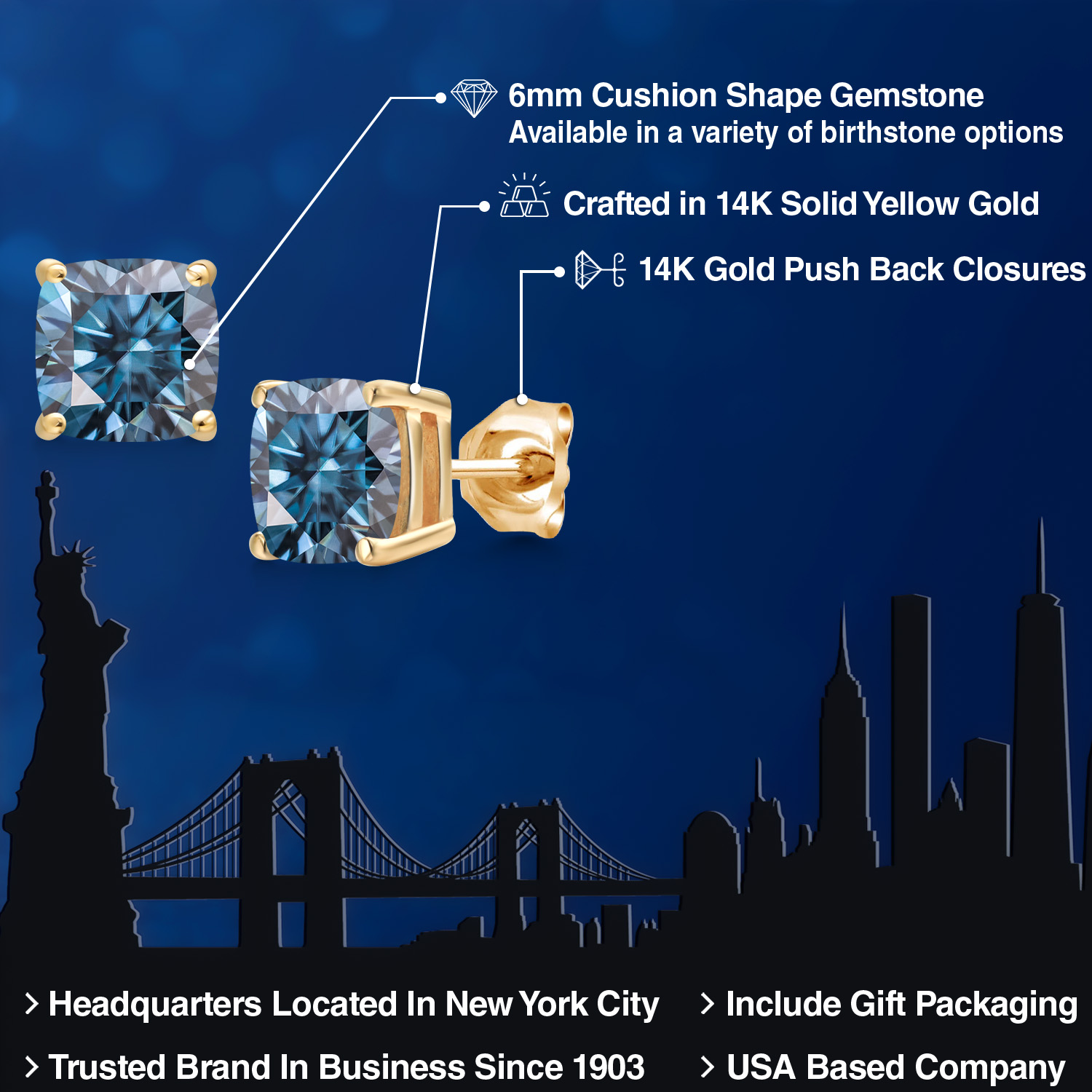 Gem Stone King 14K Yellow Gold Persian Blue Moissanite Double Notch Stud Earrings | 2.00 Cttw | Gemstone Birthstone | Cushion 6MM | Gold Earrings for Women Men