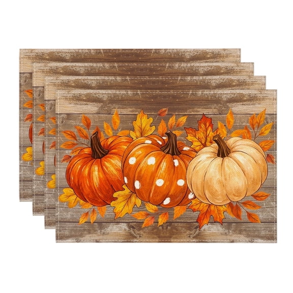 Smile Dot Pumpkins Leaves Fall Placemats Set of 4 for Table Runner, Wooden Plank Texture Kitchen Dining Table Decoration for Indoor Party 12x18 Inch