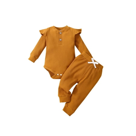 

Canrulo Newborn Baby Girls Clothes Ribbed Ruffle Long Sleeve Romper Jumpsuit Jogger Pants Autumn 2Pcs Set Caramel 0-3 Months