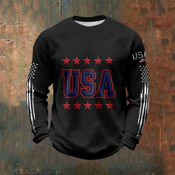 BUWTTED Tshirts Shirts for Men USA Flag Graphic Independence Day Knit Tee Casual Slim Fit Long Sleeve Crew Neck Black Shirt L
