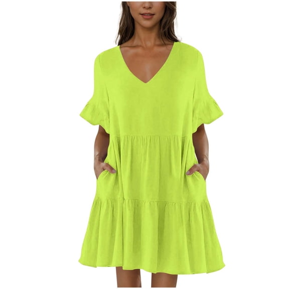 Ygbgbb Women's Summer Cotton Linen Midi Dress Short Sleeve Lapel Button Down Shirt Dress Casual A-Line Work Dress Loose Out Go Dress Yellow XL