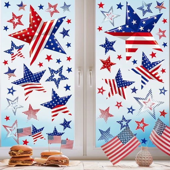 Qocolhg 4th of July Window Clings Patriotic Double-Sided Red White Blue Stars Designs Window Decals Decor for Independence Day Memorial Day Home Office Party Glass Decoration Supplies, Clearance