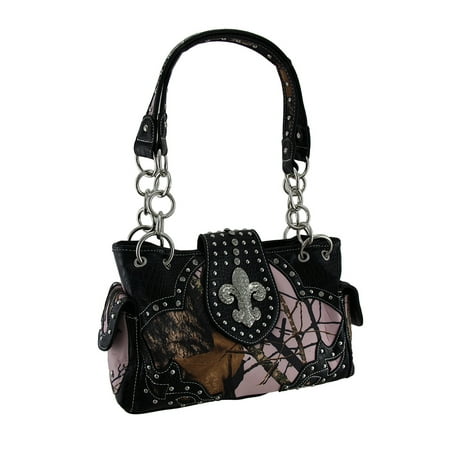 Fleur De Lis Purses Rhinestone Zeckos - Pink Mossy Oak Camo Rhinestone Fleur De Lis Concealed Carry Handbag - Black - Size Medium ()