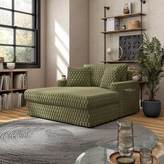 Menni Modern Soft Faux Fur Upholstered 2-Arm Oversized Chaise, Olive Green