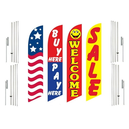 4 Swooper Flags With 4 Pole Kits USA Buy Pay Here Welcome Sale