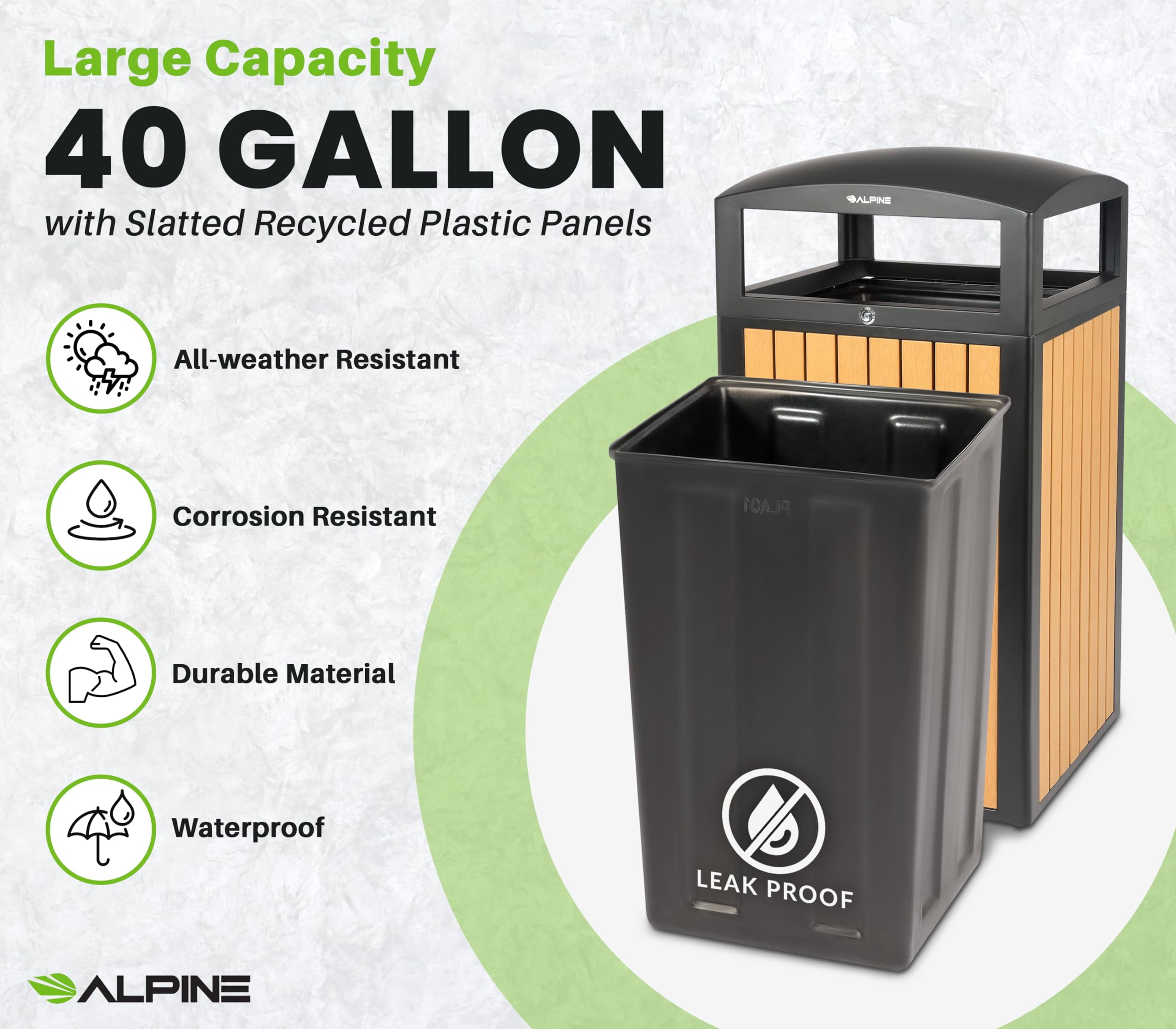 Alpine 40 Gallon Commercial Outdoor Trash Can with Lid - Modern Heavy Duty Large Outdoor Garbage Can with Durable Plastic Bin, Slatted Recycled Plastic Panels Perfect for Patio, Parks, Trails & Resor