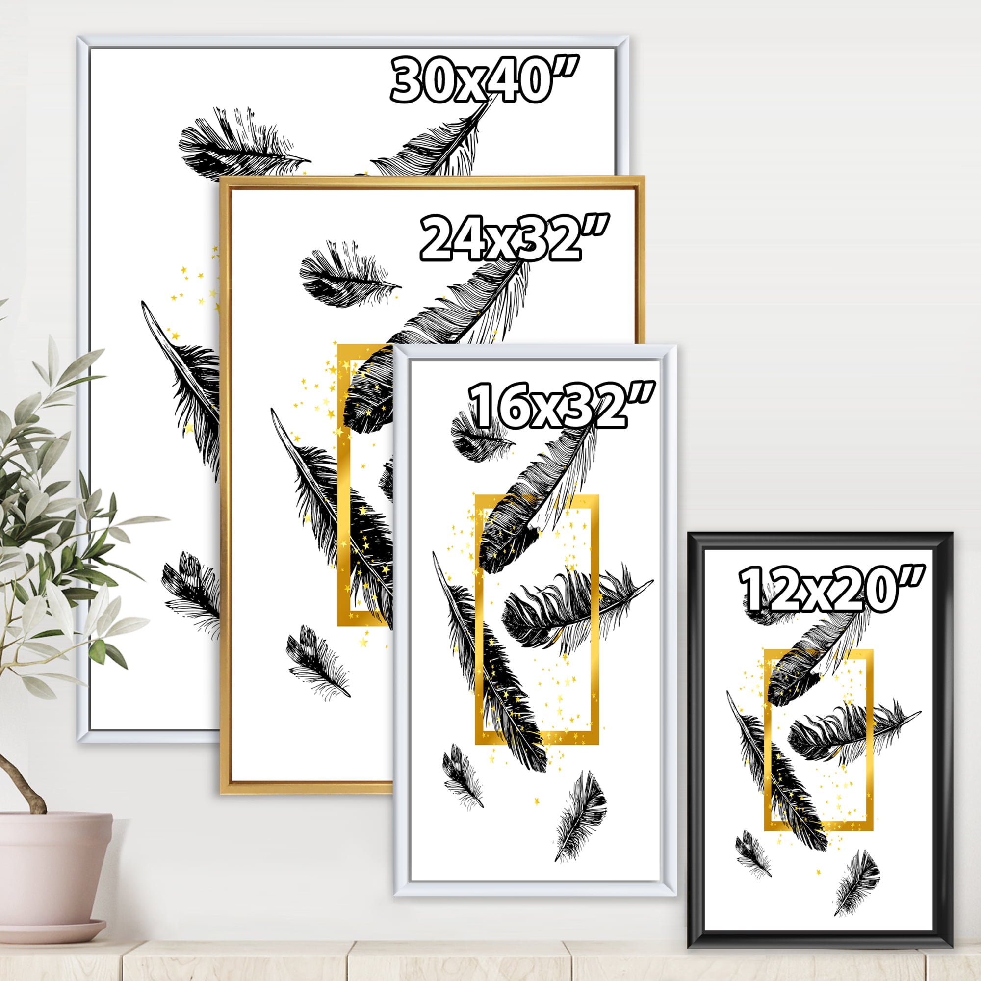 Feathers and Golden Frame 12 in x 20 in Framed Painting Canvas Art Print, by Designart