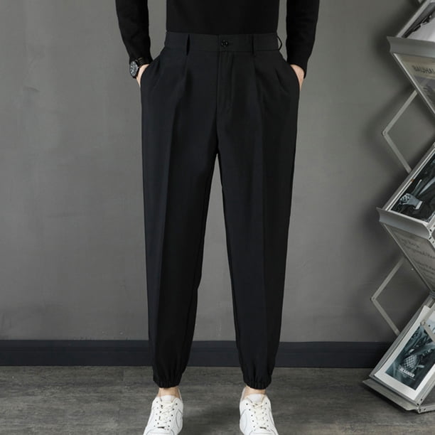 Pantalones de traje de nueve pulgadas para hombre, de poliéster, con bolsillos laterales, cintura elástica y botones, a la moda, de color liso