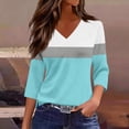 thumbnail image 2 of Women V Neck T Shirts Trendy Graphic 3/4 Sleeve Tops Comfortable Soft Tees Classic Loose Dressy Summer Shirts Cyan L, 2 of 5