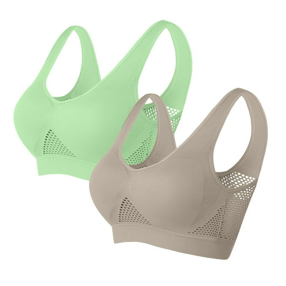 Yyeselk 2 Pack Sports Bra for Women High Support Seamless Wireless Bra Full Coverage Push Up Breathable Mesh Bra No Underwire Yoga Bras Beige XXXL