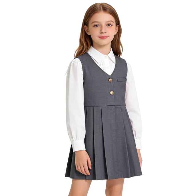 FYDUU Robes d'Été pour Filles Tenue d'Uniforme Scolaire Robe Sans Manches Plissée Robe Trapèze Polyvalente Mini Robe Robe d'Été Décontractée pour Enfants 12-13 Ans