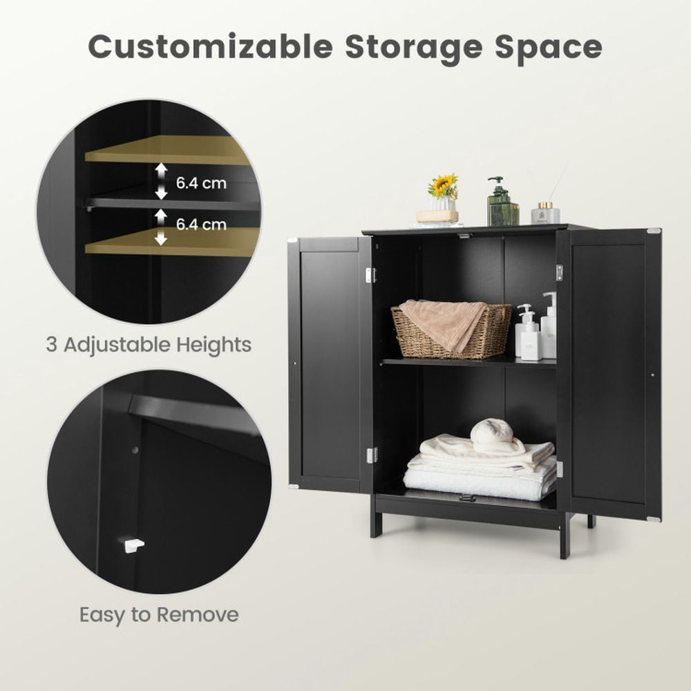 Finihen Storage Cabinet, Floor Cabinet, 2-Door Freee-Standing Bathroom Cabinet with Shelf, for Bathroom, Living Room, Bedroom, Kitchen, Black