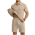 thumbnail image 2 of Yusimy Men's 2 Piece Solid Color Casual Loose Half Zip Turn Down Collar Short Sleeve Top And Elastic Waist Shorts Beach Set, 2 of 9