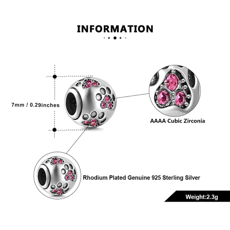 Rhodium Plated Sterling Silver Puppy Paw Print Charm Bead – With Cubic Zirconia, Fits Pandora & European Style Bracelets