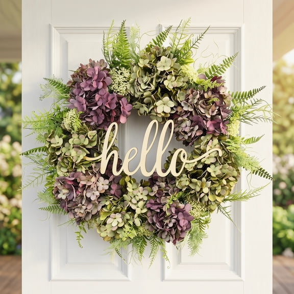 18 Inch Hydrangea Wreath for Front Door - Handmade Hello Wreath for Fall Spring Summer, Farmhouse Artificial Flower Wreath for Indoor Outdoor Home Wall Decor
