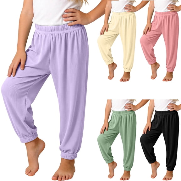 WAVSUF Girls Jogger Pants Straight Fit Elastic Waist Ice Silk Knitted Summer Daily Active Sweatpants Purple Size 6