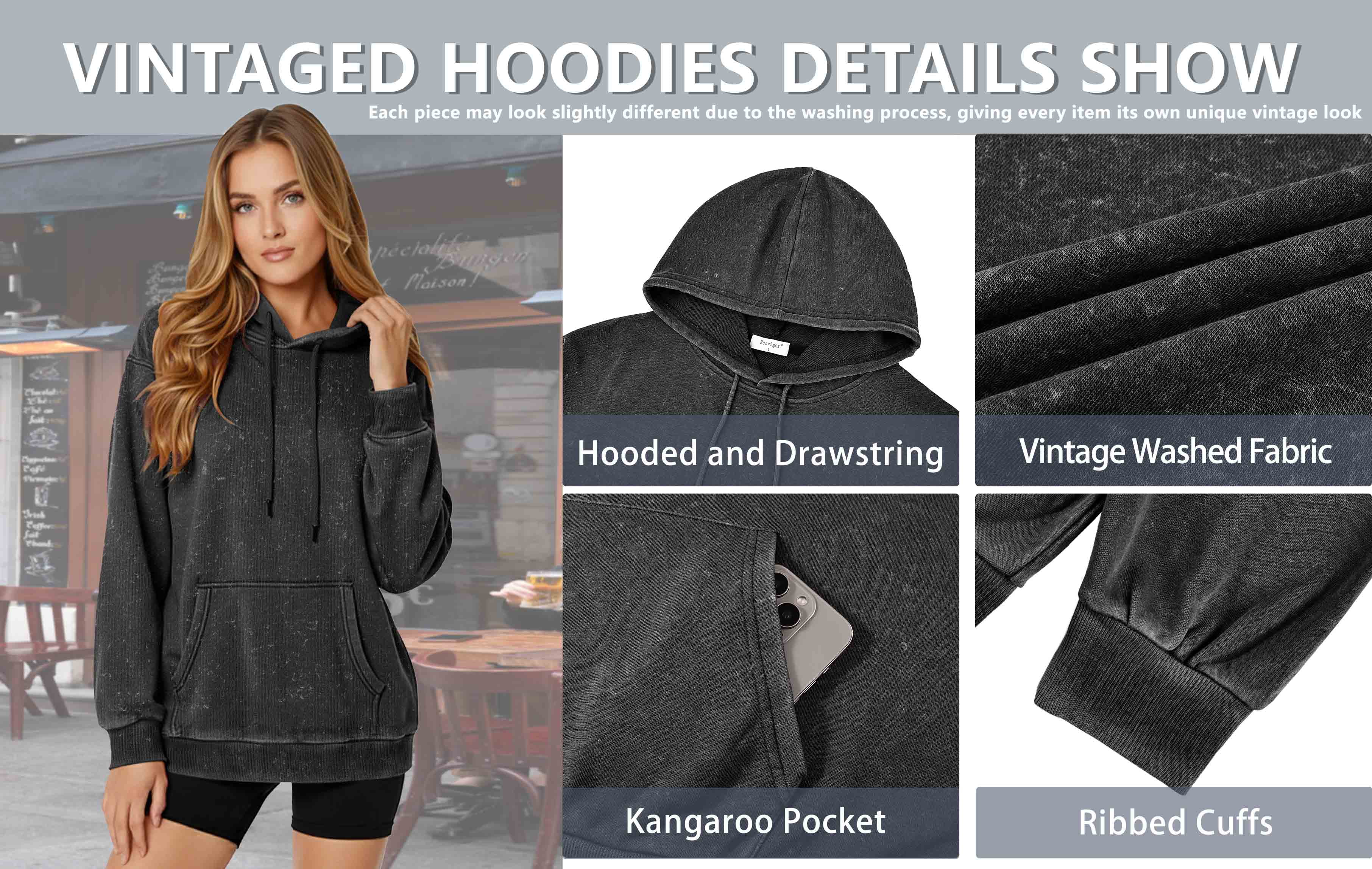 Rosvigor Vintage Hoodies for Women Acid Wash Hoodies Women Oversized Pullover Tops Streetwear Sweatshirts with hooded