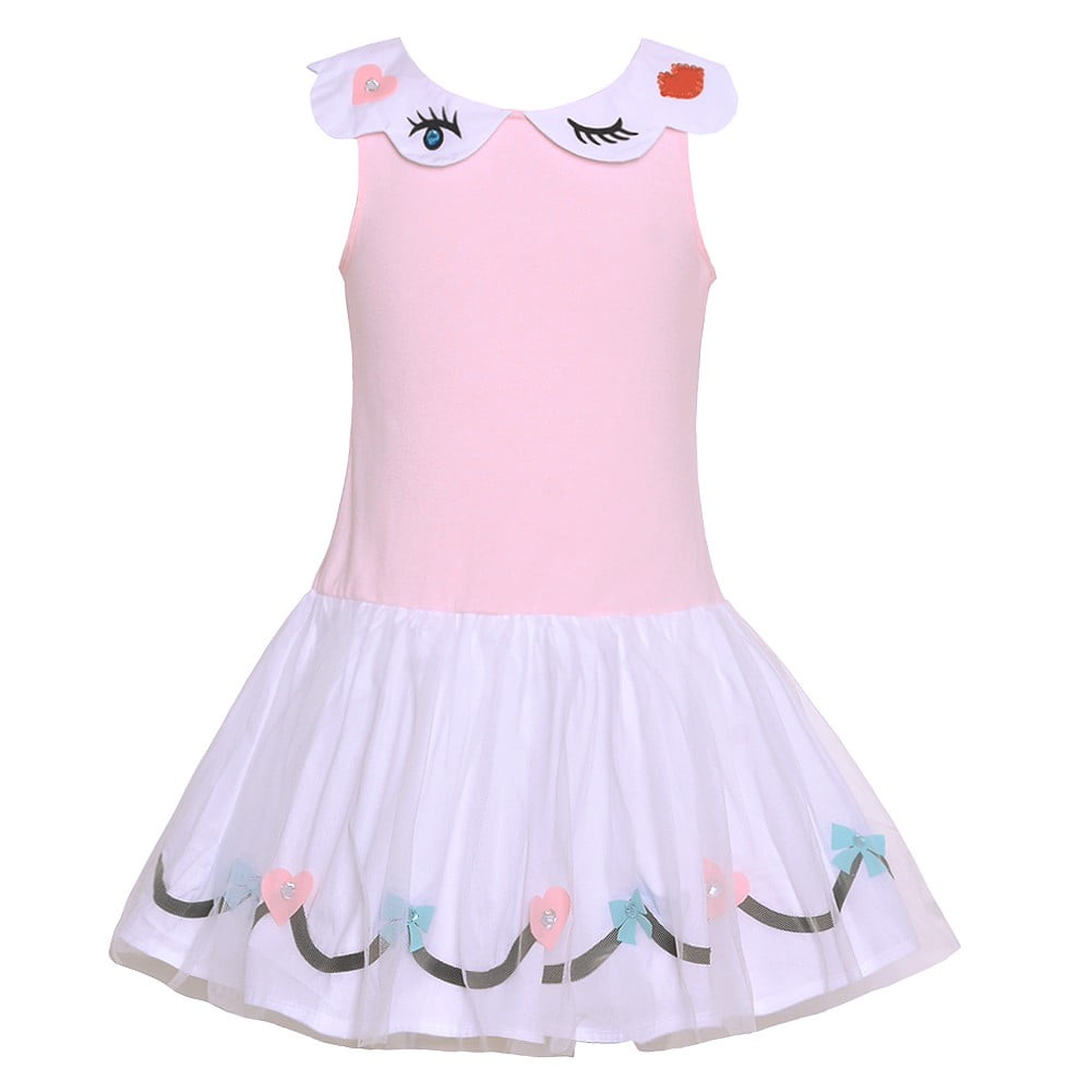 Kate Mack Little Girls White Pink Eyelash Detail Bow Heart Applique Dress 4-6X