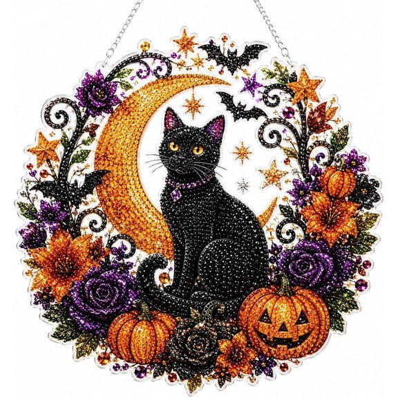 Diamond Art Halloween Black Cat Moon Diamond Art Hanging Ornament Kit, Double-Sided Diamond Painting Suncatcher with Faceted Rhinestones, DIY Hanging Window Decor
