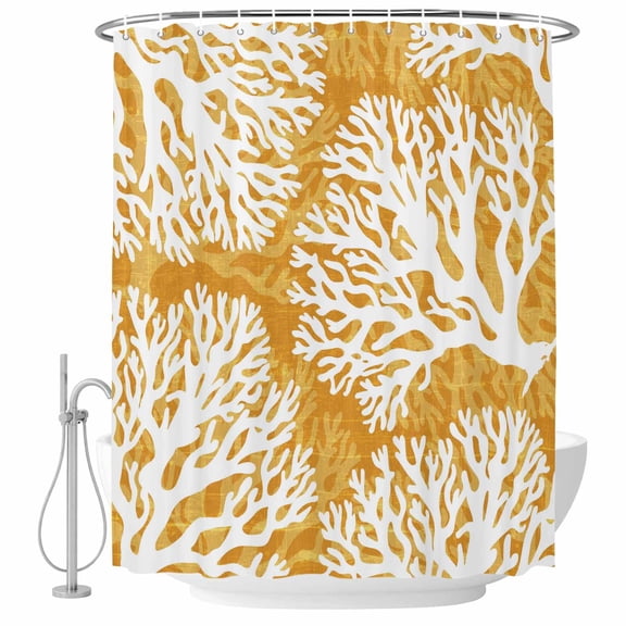 66x72 Inch Shower Curtains for Bathroom, Yellow Orange Coastal Coral Fabric Bath Curtain Decor, Summer Nautical Sea Beach Ocean Restroom Curtains Shower Set Accessories with 12 Hooks 66 Inch
