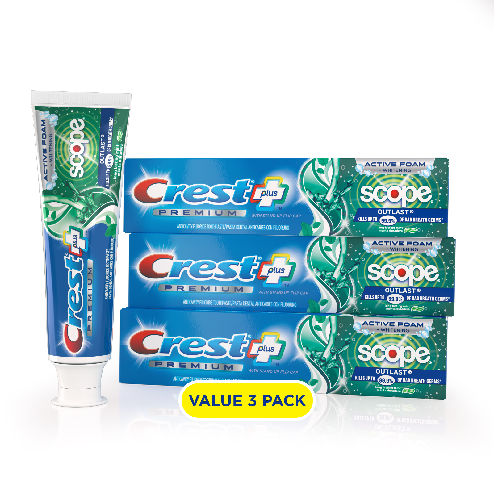 Crest Premium Plus Scope Outlast Toothpaste, Long Lasting Mint Flavor 5.2 oz, Pack of 3 - image 2 of 11