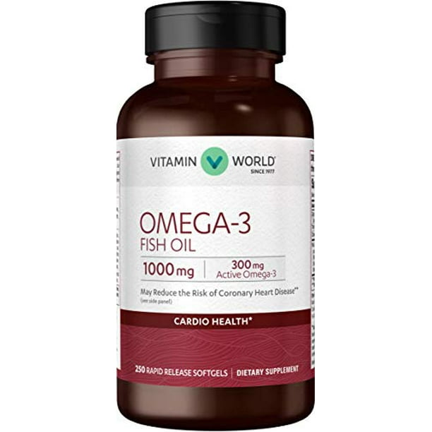 Vitamin World Omega3 Fish Oil 1000 mg. 250 Softgels, EPA DHA, Heart