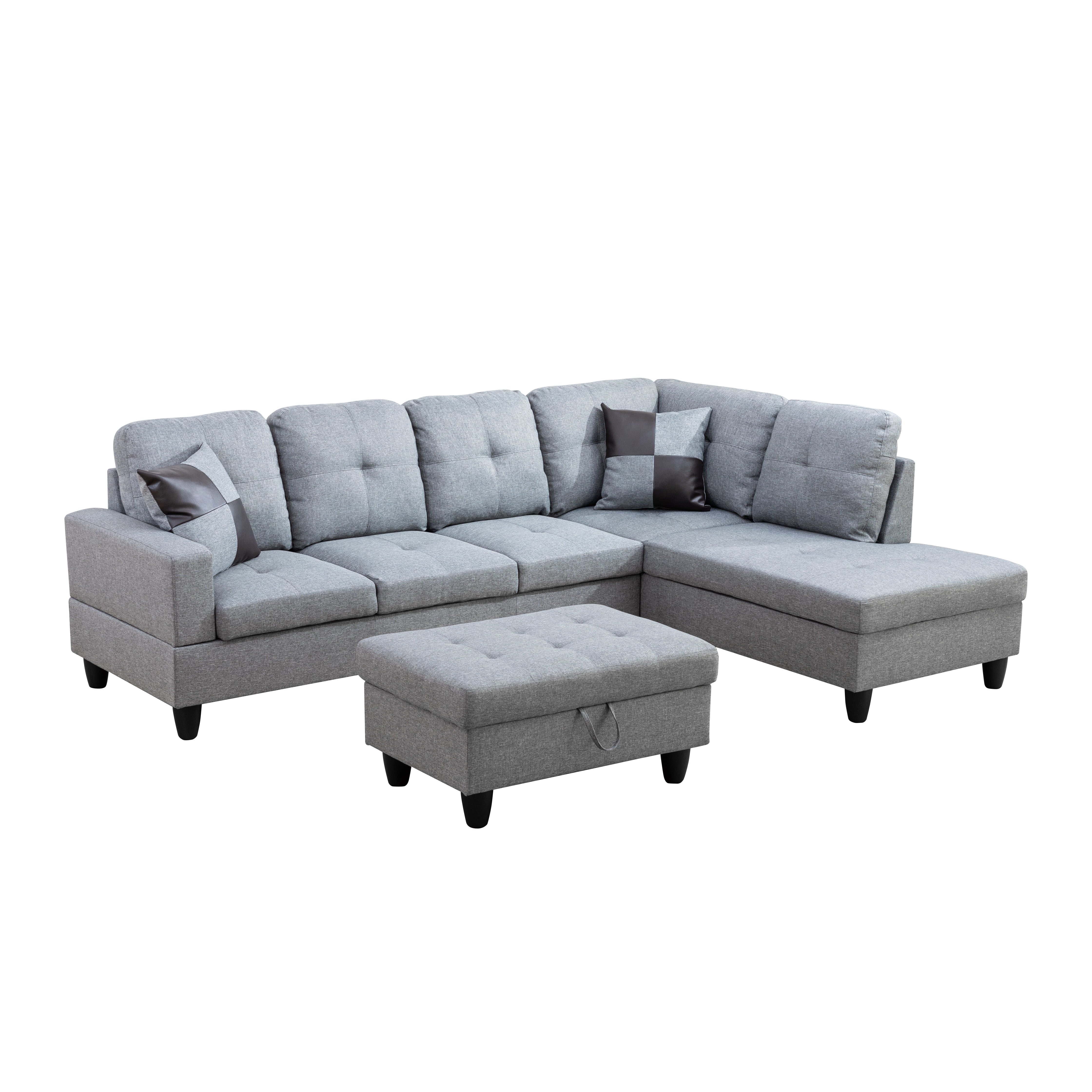 MAYEERTY Gray Linen 3PC Sectional Sofa Set, Reversible L Shape Tufted Couch with Storage Ottoman for Small Living Room