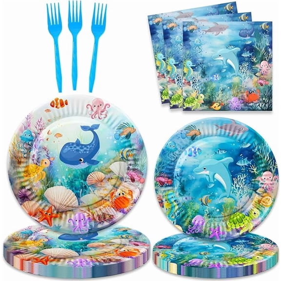 80 Piece Under the Sea Party Tableware Set Plates Napkins Forks