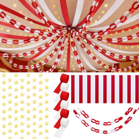 EBaokuup Carnival Circus Paper Chain and Garland Set, 700 Strips, 52 ft Gold Star Garland, 492 ft Crepe Paper