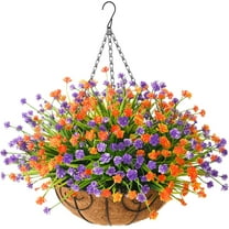 Artificial Hanging Flowers in Basket for Patio Garden Decoration,Artificial Daisy Arrangement,Fake Plants in inch Coconut Lining Basket for Outside Spring Decor(Purple Yellow)