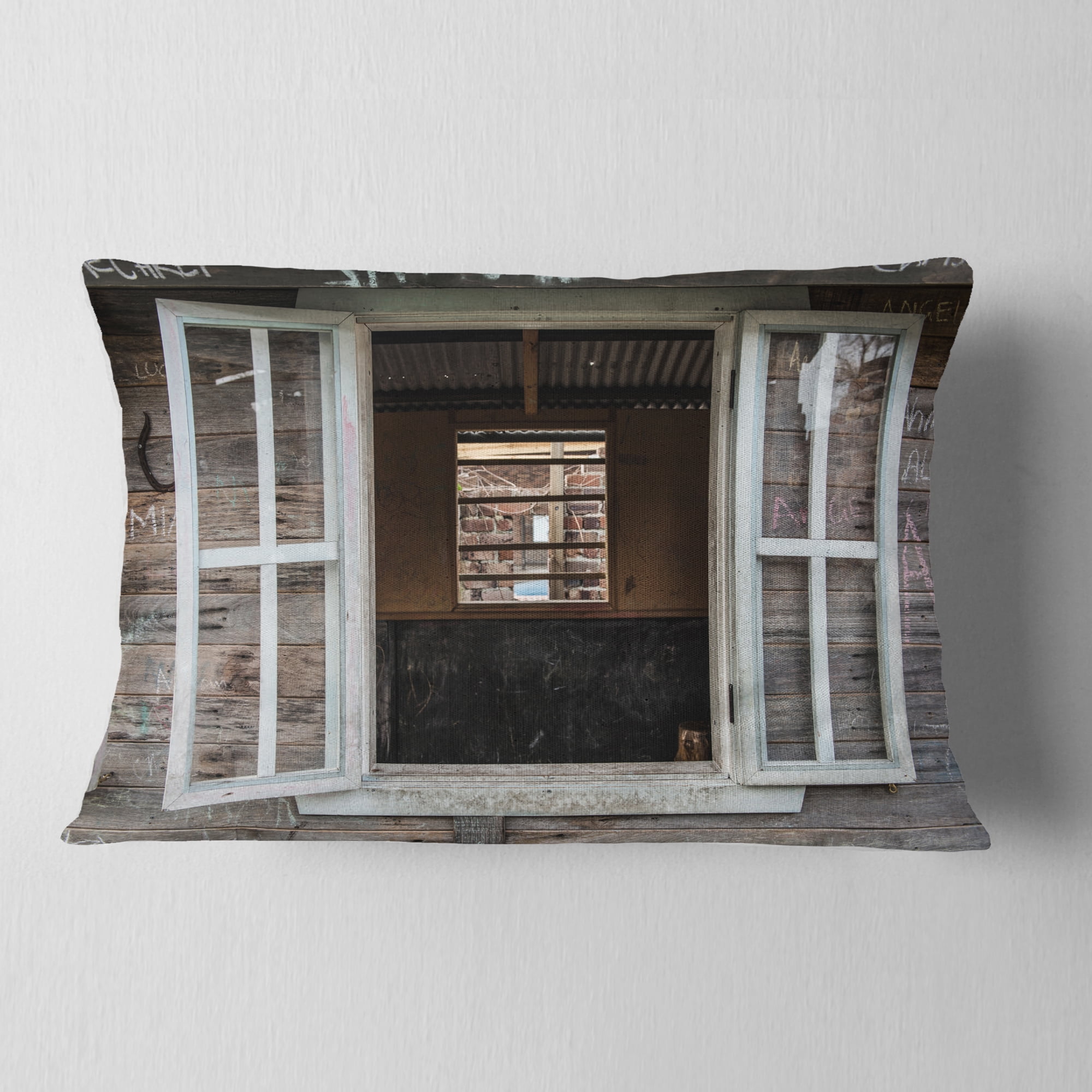 Designart Wooden Walls and Windows - Landscape Printed Throw Pillow - 12x20