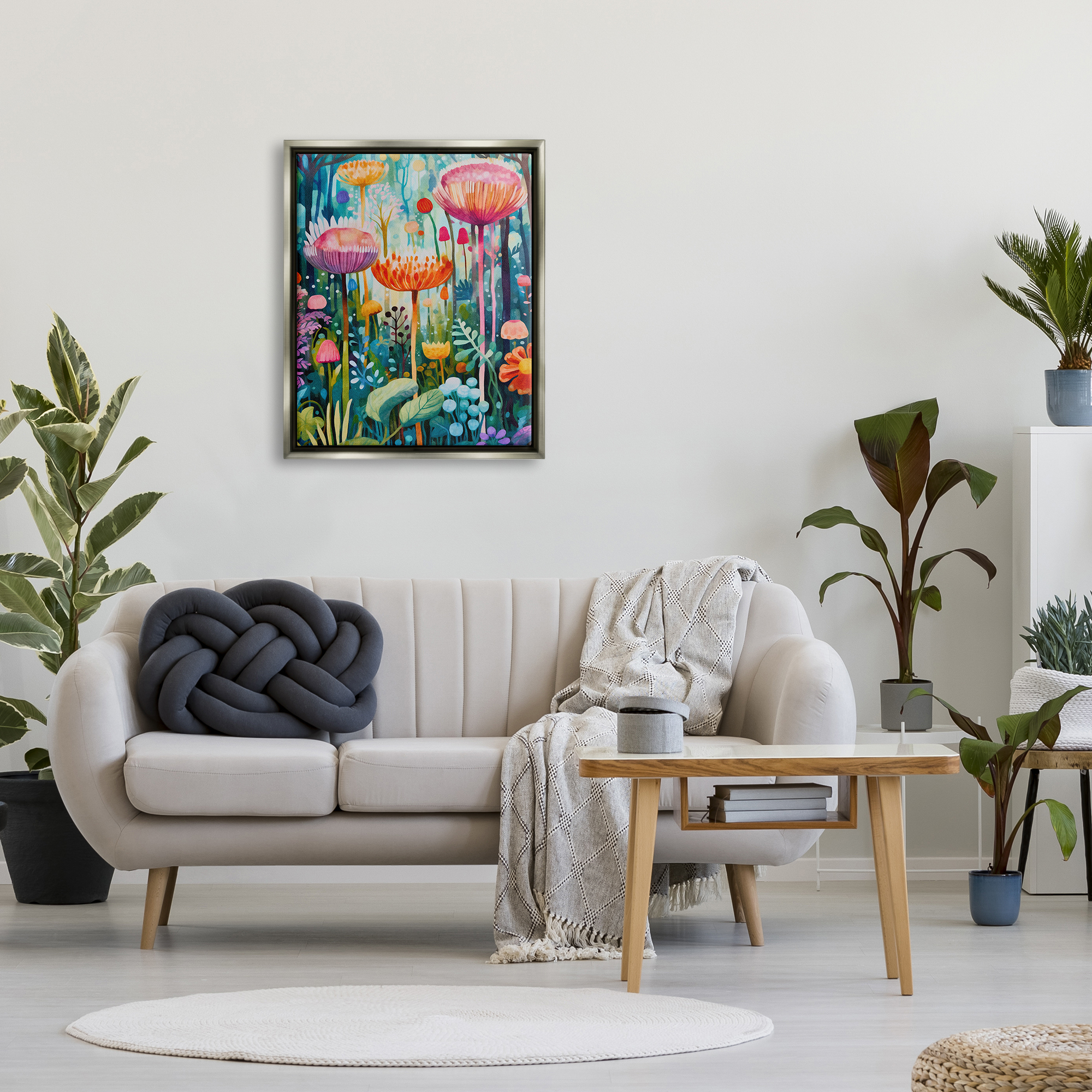 Stupell Industries Whimsical Garden Landscape Botanical & Floral Painting Gray Floater Framed Art Print Wall Art, 25 x 31