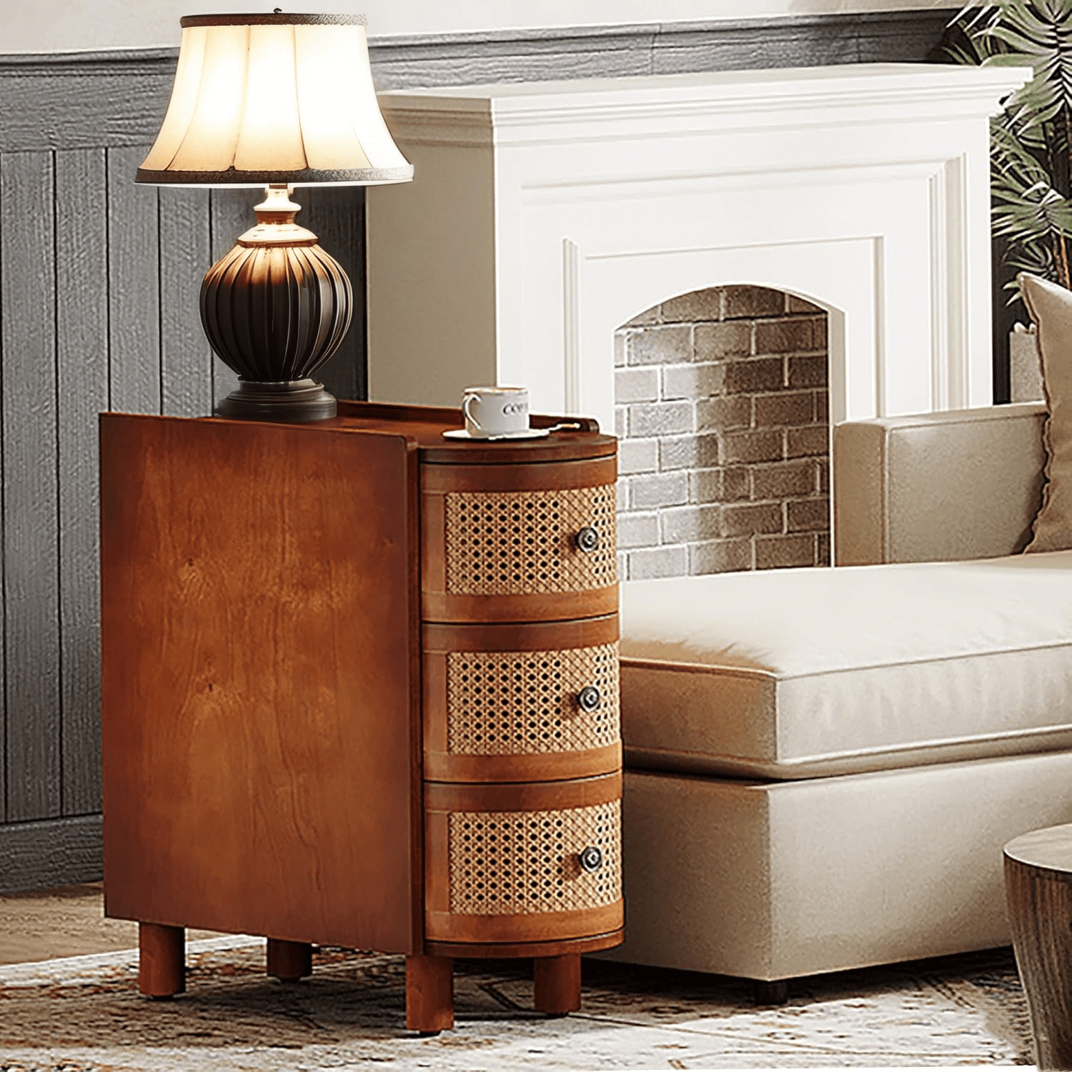 Tribesigns 3-Drawer Rattan End Table, Solid Wood Sofa Side Table with Vintage Embossed Handles for Living Room, Bedroom, No Assembly, Walnut & Oak