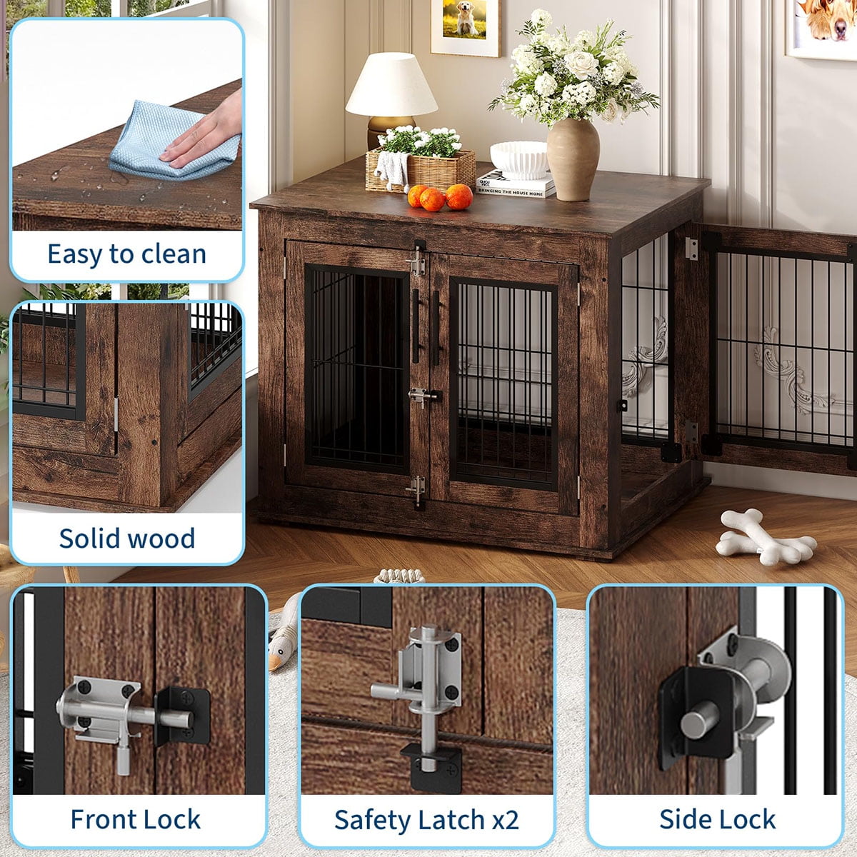 Ataucjin 31Inch Farmhouse Dog Crate Furniture with Double Doors, Heavy Duty Wooden Dog Kennel End Table for Small/Medium Dogs, Indoor Dog House Cage Anti-Chew Pet Furniture