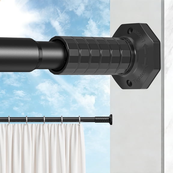 VEGCOO 45-86" Tension Curtain Rod, 2-in-1 Drill-Free or Screw-Fixed Heavy Duty Matte Black Shower Rod for Bathroom Windows Patio, Holds 80LBS