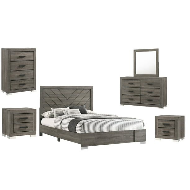 Rangel 6 Piece Modern Bedroom Set King Size Gray Wood Finish Walmart Com Walmart Com