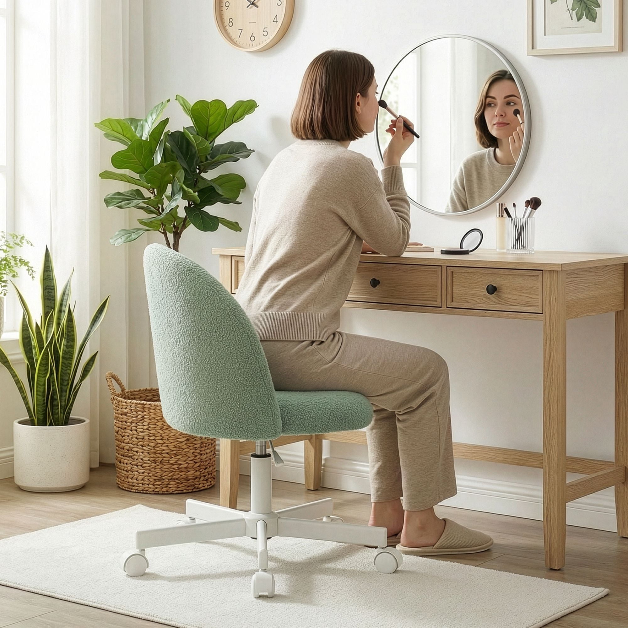 CELTOSS Home Office Desk Chair, Cute Teddy Fabric Swivel Vanity Stool, Mid Back Adjustable Armless Task Chair with Wheels, Green