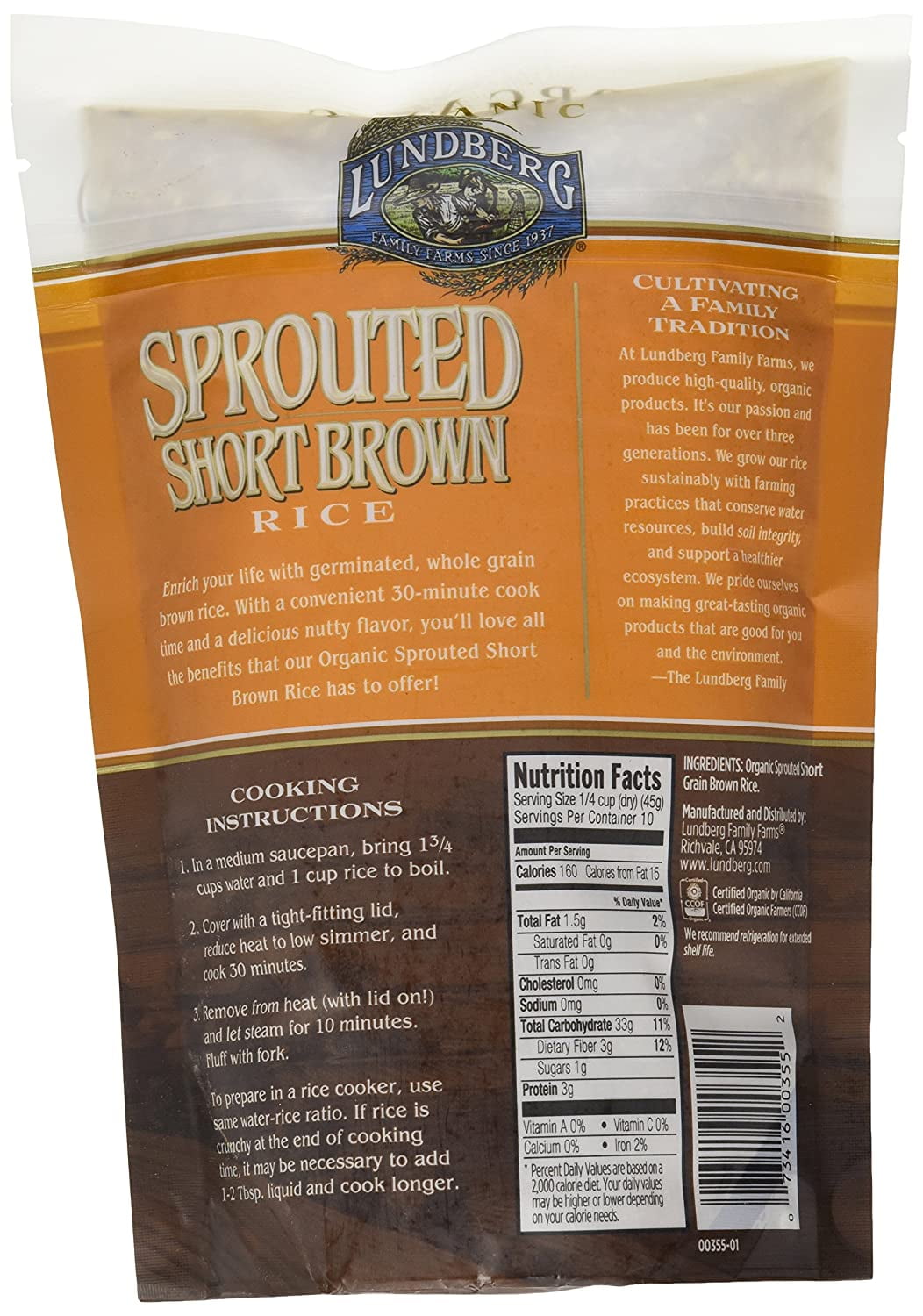 Lundberg Organic Sprouted Short Brown Rice 16 oz Pack of 2