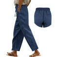 thumbnail image 5 of Women's Pants Fashion Solid Straight Solid Elastic Long Linen Waist Cotton Casual Slit Trouser Legs Casual Pants For Women, 5 of 7