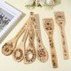 thumbnail image 3 of Juego de 6 cucharas de madera con diseño de girasol, vajilla de cocina con diseño de sol, feliz día, de bambú natural, para cocinar, espátulas ranuradas talladas y quemadas., 3 of 9