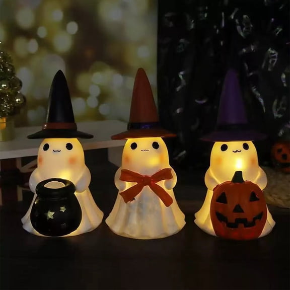 Halloween Night Light Resin Ghost Cauldron Lamp, Witch Hat Warm Glow 3 Color Options Tabletop Decor for Bedroom Shelf Halloween Party Gift by OVFUIZ