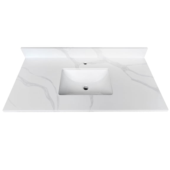 Montary 43-inch Quartz Bathroom Vanity Top with Undermounted Ceramic Sink & 4 Inch High Backsplash, 3/4" Thick Quartz Stone Vanity Sink Tops with 1 Pre-Drilled Hole, Calacatta White