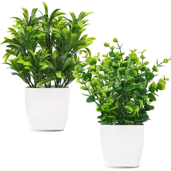 2 Pack Artificial Mini Potted Plants Fake Plastic Eucalyptus Leaves Plants for Home Office Desk Room Greenery Decoration